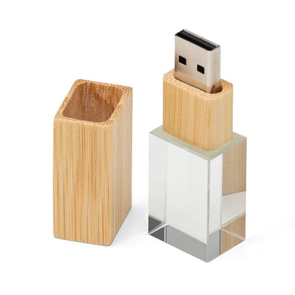 Pen Drive de Vidro Com Tampa de Madeira Personalizado